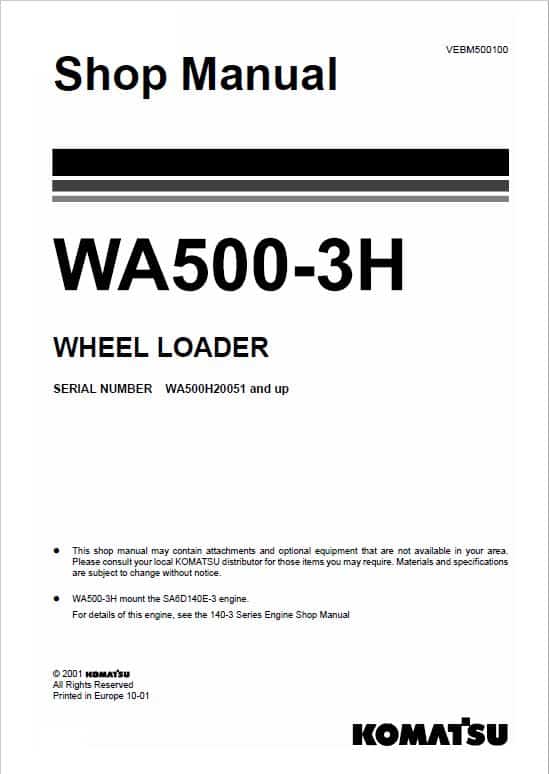 Komatsu WA500-3, WA500-3H Wheel Loader Service Manual Workshop Guide