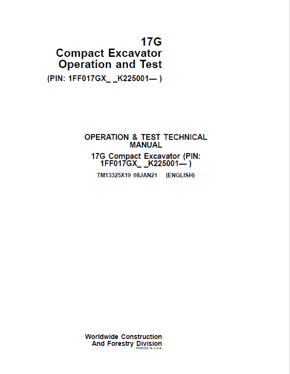 John Deere 17G Excavator Repair Technical Manual (S.N after K225001) Workshop Guide