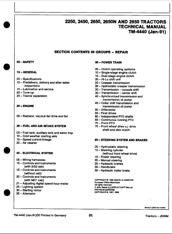 John Deere 2250, 2450, 2650, 2650N, 2850 Tractors Repair Technical Manual Workshop Guide