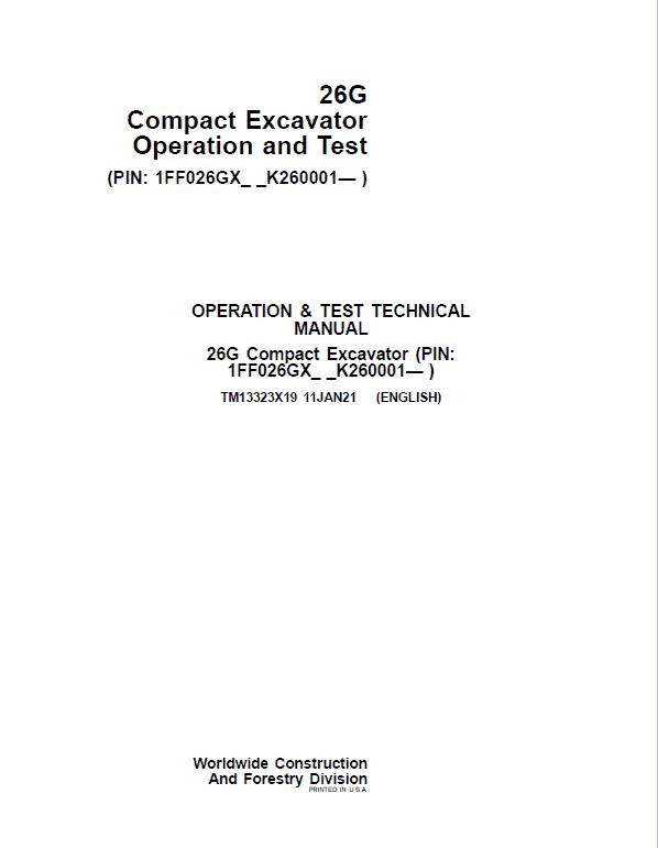 John Deere 26G Excavator Repair Technical Manual (S.N after K260001) Workshop Guide