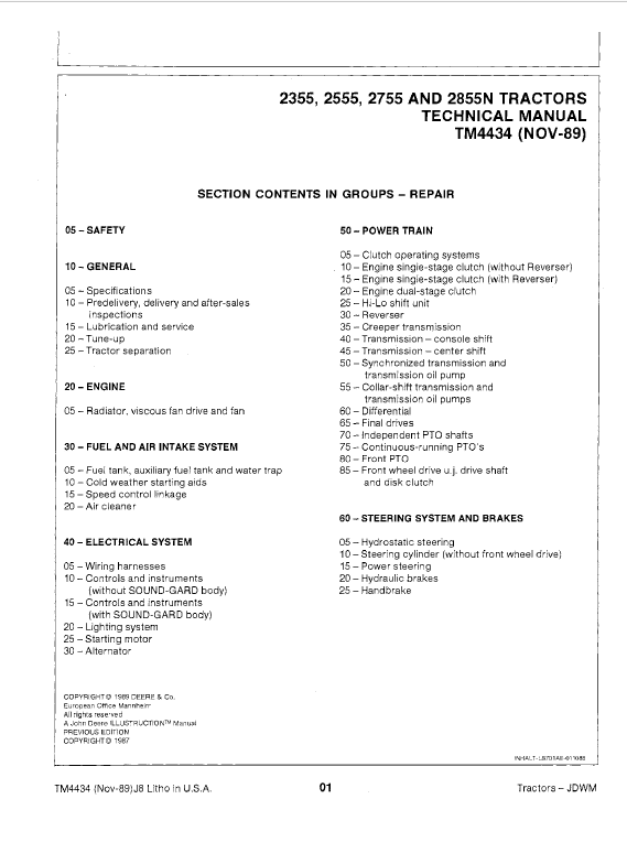John Deere 2355, 2555, 2755, 2855N Tractors Repair Technical Manual Workshop Guide
