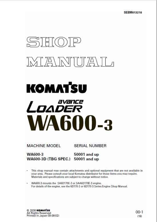 Komatsu WA600-3 Wheel Loader Service Manual Workshop Guide