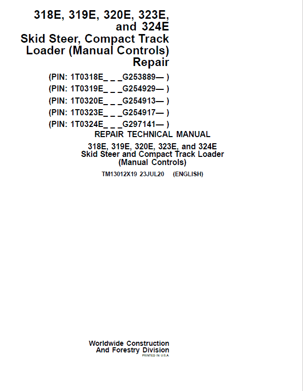 John Deere 318E, 320E, 324E SkidSteer Loader Manual (Manual Controls – SN after G253889) Workshop Guide