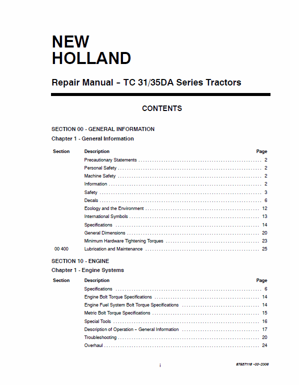 New Holland TC31, TC35, TC40, TC45 Tractor Service Manual Workshop Guide