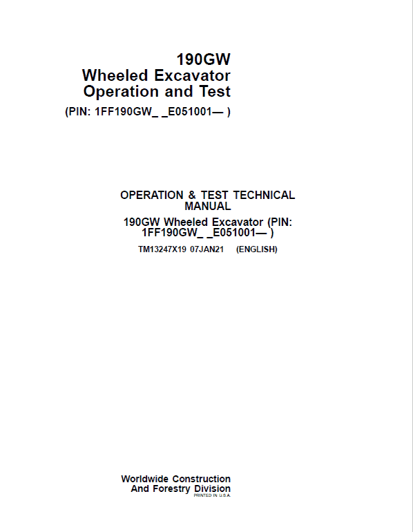 John Deere 190GW Wheeled Excavator Repair Technical Manual (S.N after E051001 – ) Workshop Guide