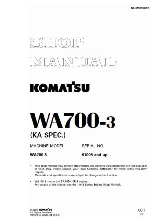 Komatsu WA700-3 Wheel Loader Service Manual Workshop Guide