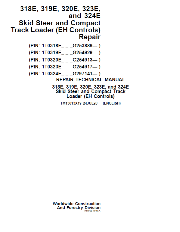 John Deere 319E, 323E SkidSteer Loader Technical Manual (EH Controls – SN after G254917) Workshop Guide