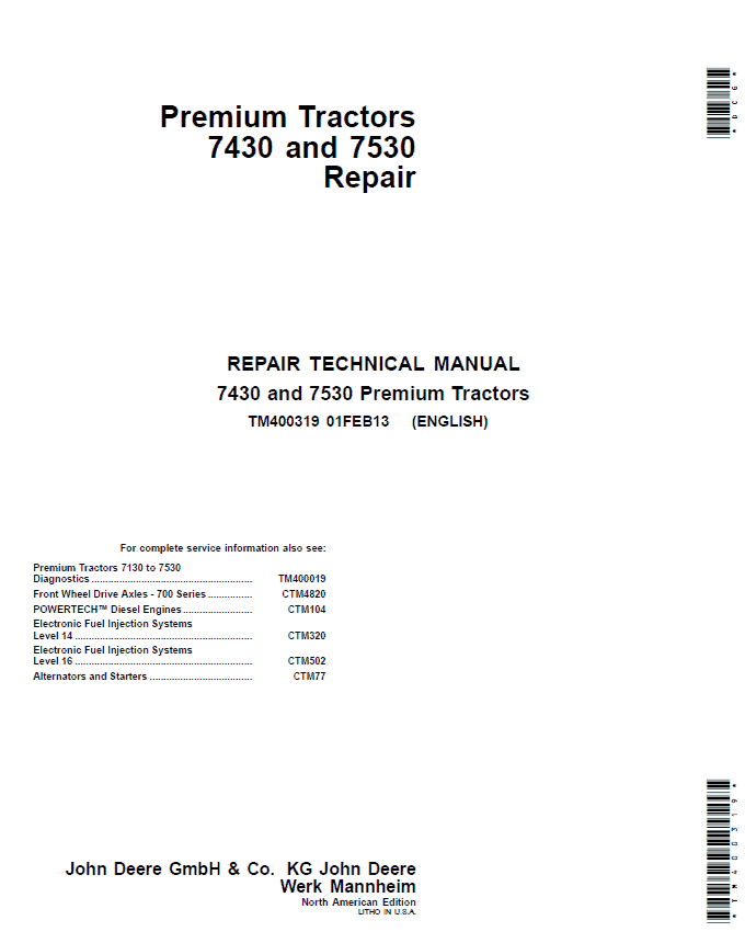John Deere 7430, 7430 E, 7530, 7530 E (Premium) Tractors Repair Manual Workshop Guide