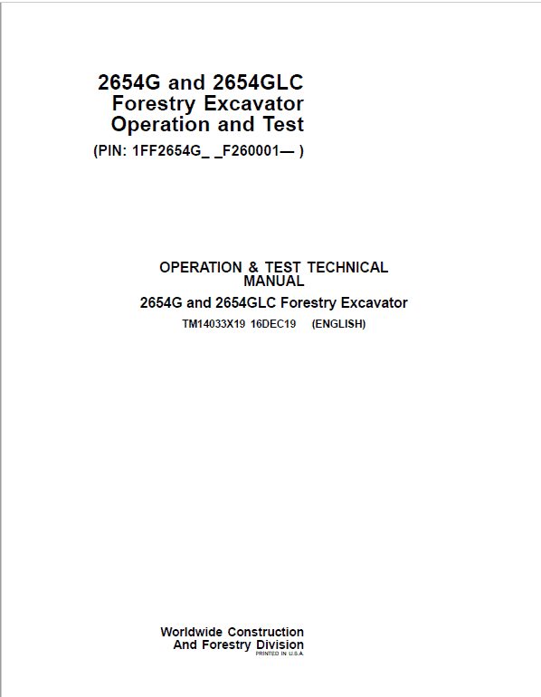 John Deere 2654G, 2654GLC Swing Excavator Repair Technical Manual (S.N after F260001 – ) Workshop Guide