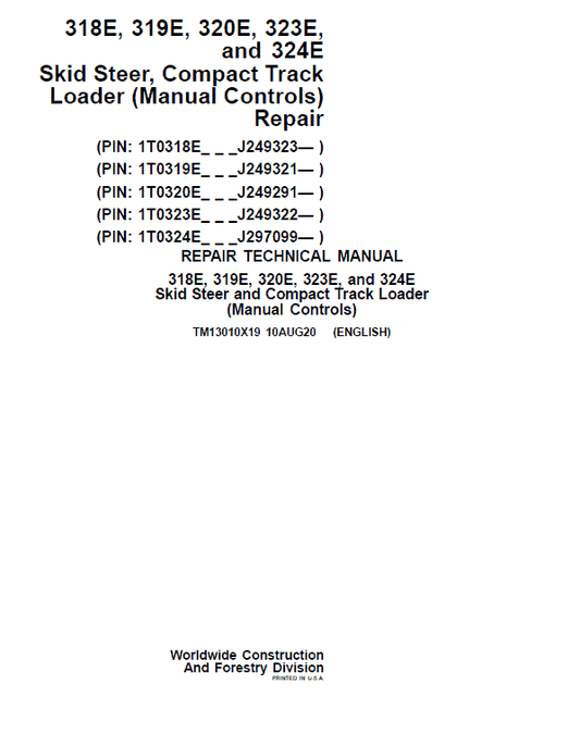 John Deere 319E, 323E SkidSteer Loader Technical Manual (Manual Controls – SN after J249321) Workshop Guide