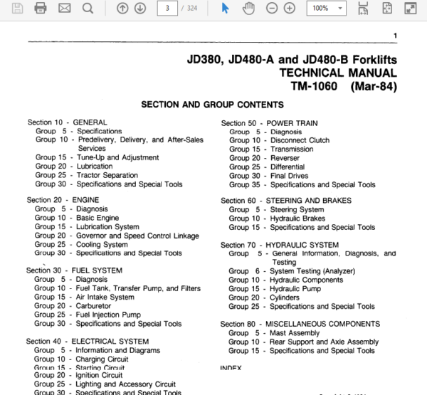 John Deere 380, 480A, 480B Forklift Technical Manual (TM1060) Workshop Guide