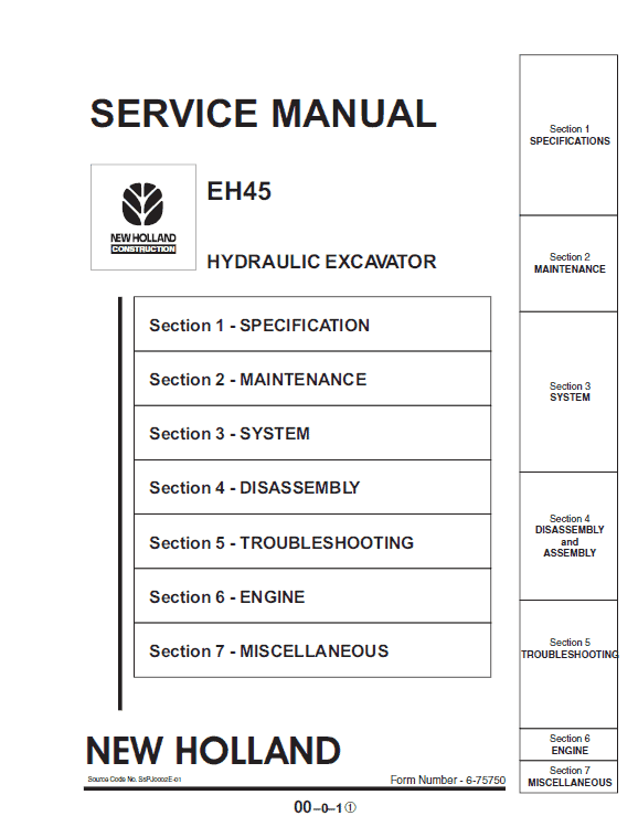 New Holland EH45 Compact Excavator Service Manual Workshop Guide