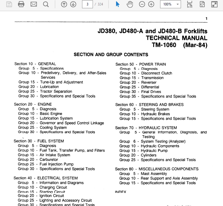 John Deere 380, 480A, 480B Forklift Technical Manual (TM1060) Workshop Guide