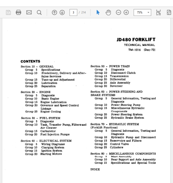 John Deere 480 Forklift Repair Technical Manual (TM1016) Workshop Guide