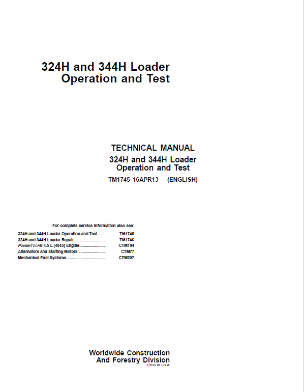 John Deere 324H, 344H Loader Repair Technical Manual Workshop Guide