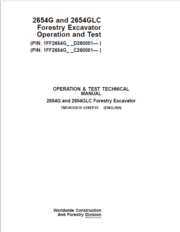 John Deere 2654G, 2654GLC Swing Excavator Repair Manual (S.N C260001 – & D260001 – ) Workshop Guide