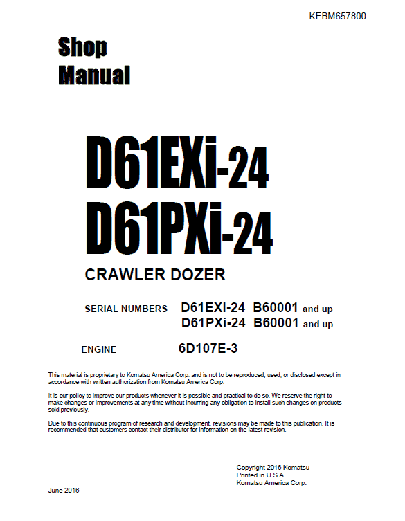 Komatsu D61EXi-24, D61PXi-24 Dozer Service Manual Workshop Guide