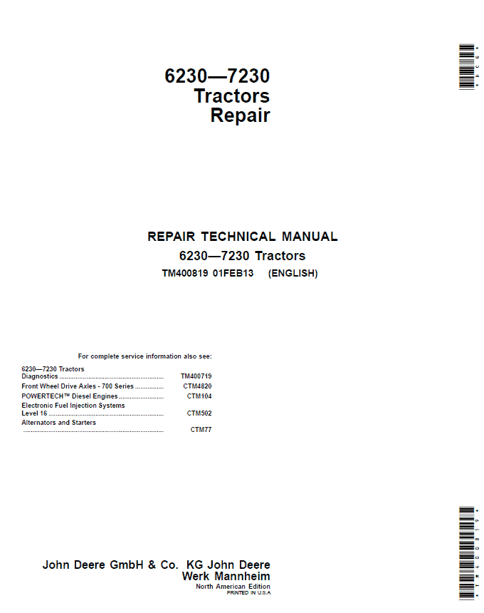 John Deere Tractors 6230, 6330, 6430, 6530, 6630, 7130, 7230 (NA) Service Repair Manual Workshop Guide