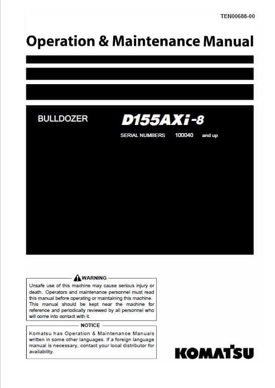 Komatsu D155AXi-8 Dozer Service Manual Workshop Guide