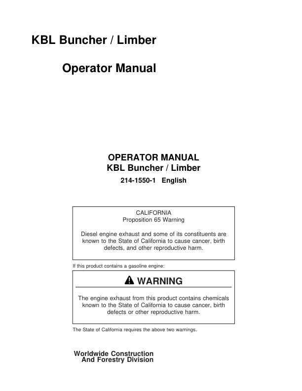 John Deere KBL Delimbers Operator’s Manuals (214-1550-1) Workshop Guide