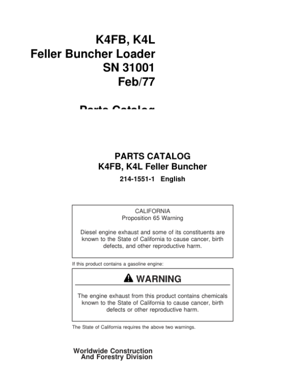 Koehring K4FB, K4L Loaders Parts Catalog Manual Workshop Guide