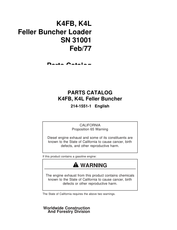 Koehring K4FB, K4L Loaders Parts Catalog Manual Workshop Guide