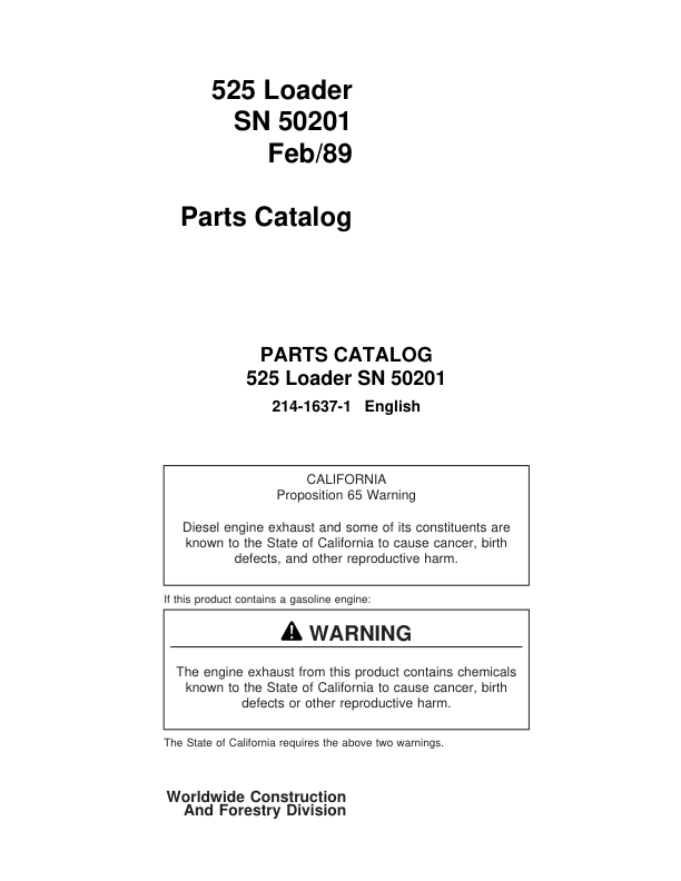 John Deere Koehring 525 Loaders (SN 50201-) Parts Catalog Manual Workshop Guide