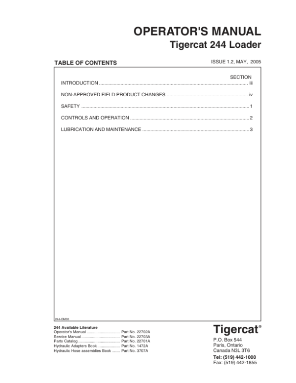Tigercat 244 Loader Repair Service Manual (2440111 – 2440500)