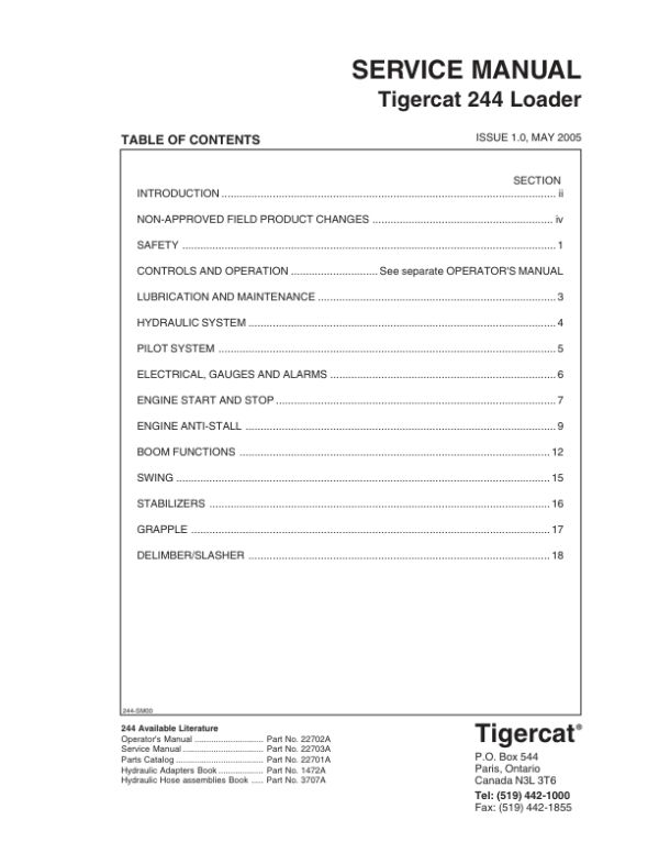 Tigercat 244 Loader Repair Service Manual (2440111 – 2440500)