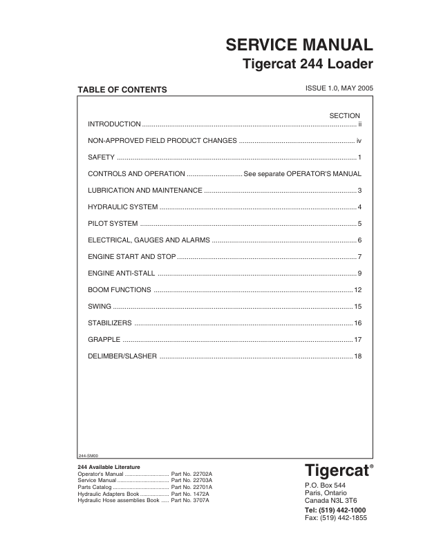 Tigercat 244 Loader Repair Service Manual (2440111 – 2440500)