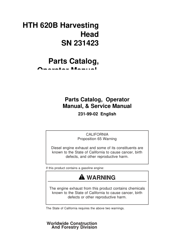 Waratah HTH620B Harvesting Heads (SN 231423 -) Parts Catalog Manual Workshop Guide