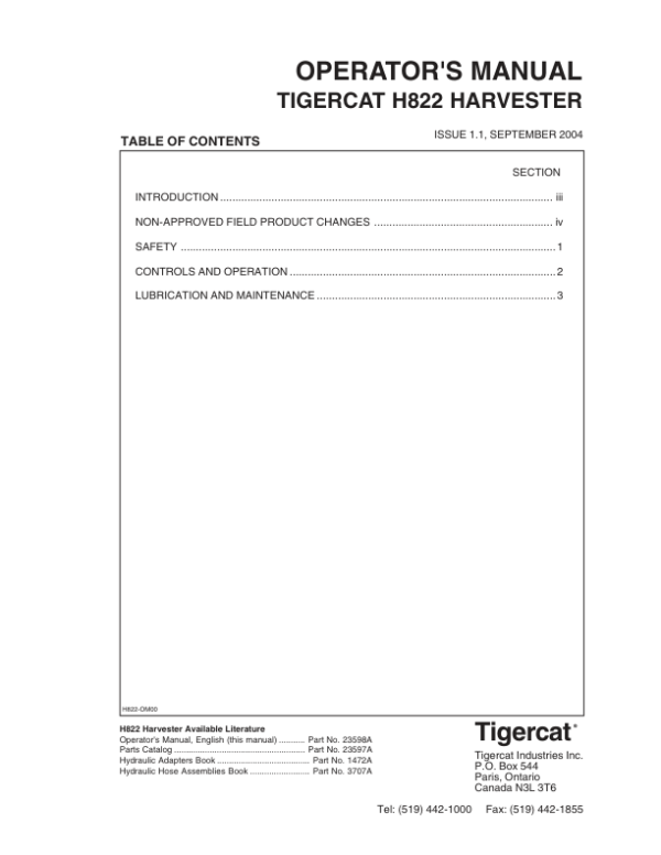 Tigercat H822 Harvester Repair Service Manual (822H0101 – 82230999)