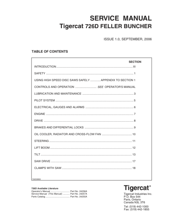 Tigercat 726D Feller Buncher Repair Service Manual (SN 7262001 – 7262499)
