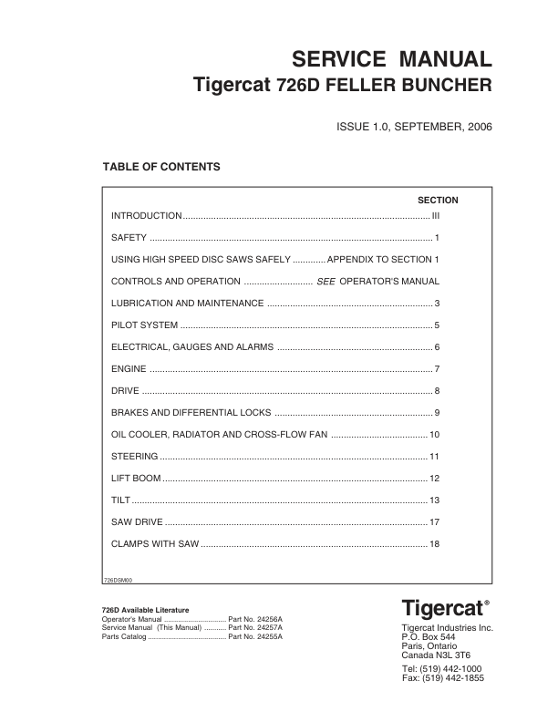 Tigercat 726D Feller Buncher Repair Service Manual (SN 7262001 – 7262499)