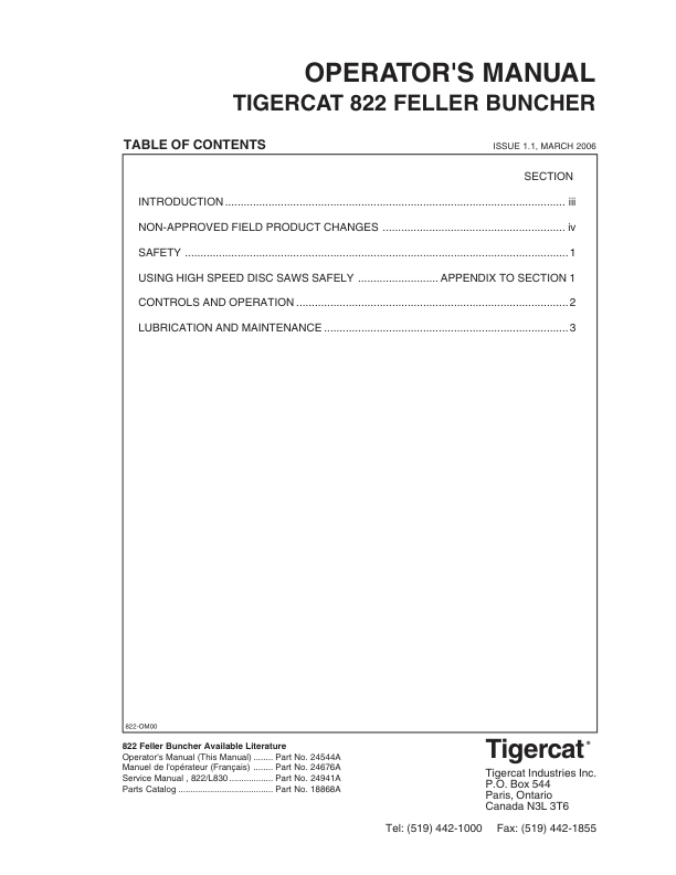 Tigercat 822, L830 Feller Buncher Repair Service Manual