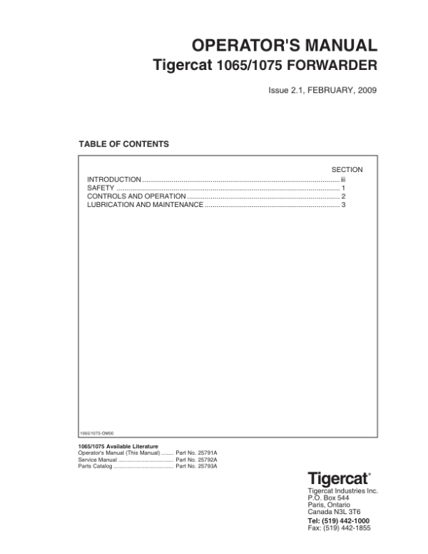 Tigercat 1065, 1075 Forwarder Repair Service Manual