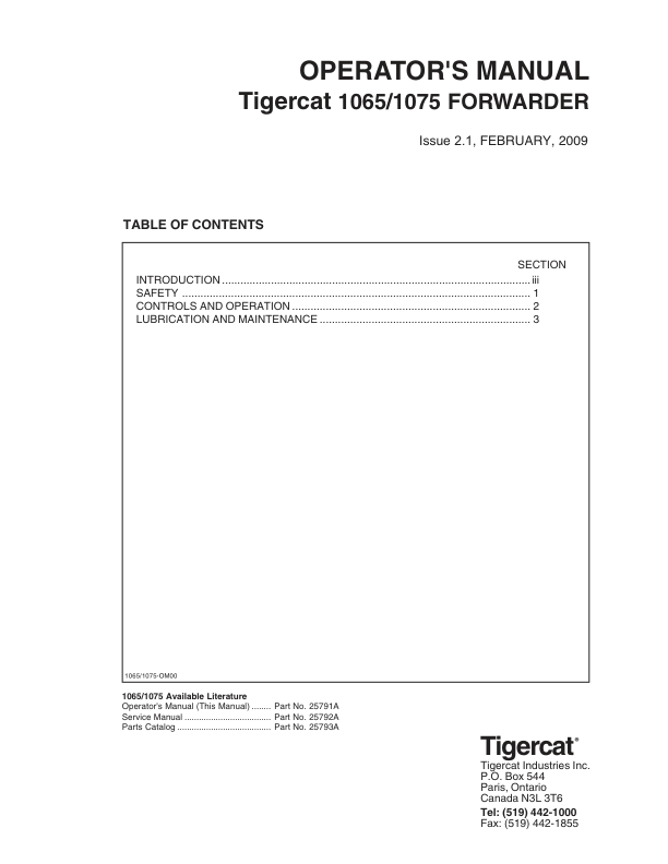 Tigercat 1065, 1075 Forwarder Repair Service Manual
