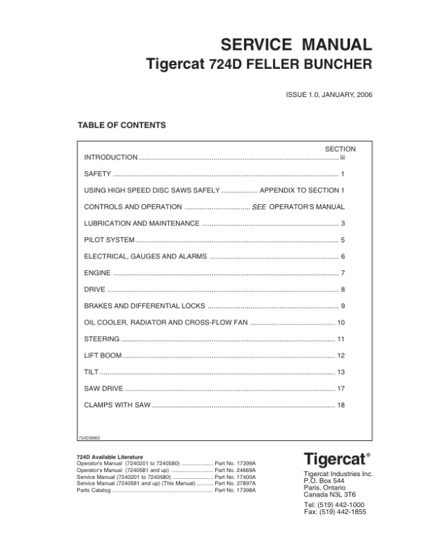 Tigercat 724D Feller Buncher Repair Service Manual (SN 7240201 – 7240999)