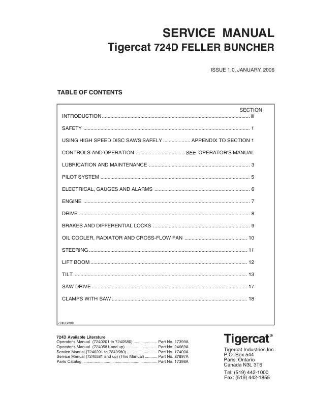 Tigercat 724D Feller Buncher Repair Service Manual (SN 7240201 – 7240999)