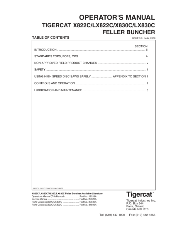 Tigercat X822C, LX822C, X830C, LX830C Feller Buncher Repair Service Manual