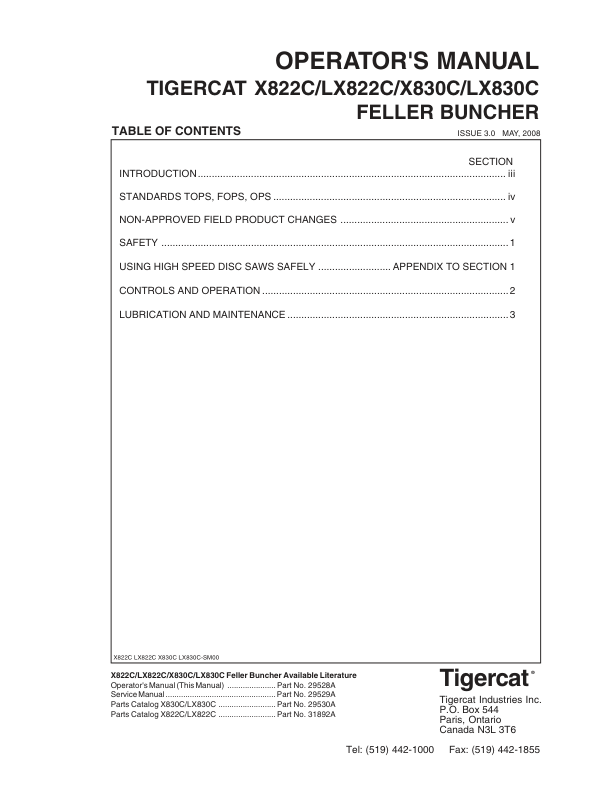 Tigercat X822C, LX822C, X830C, LX830C Feller Buncher Repair Service Manual
