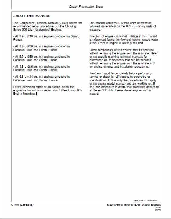 John Deere Series 300: 3029, 4039, 4045, 6059, 6068 Diesel Engines Manual (CTM8) Workshop Guide