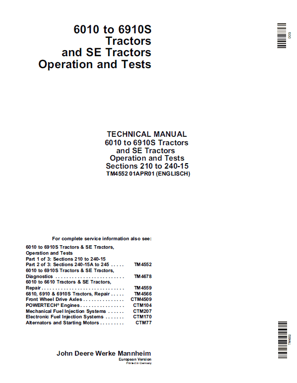 John Deere 6010, 6110, 6210, 6310, 6410, 6510, 6610 Tractor Technical Manual Workshop Guide