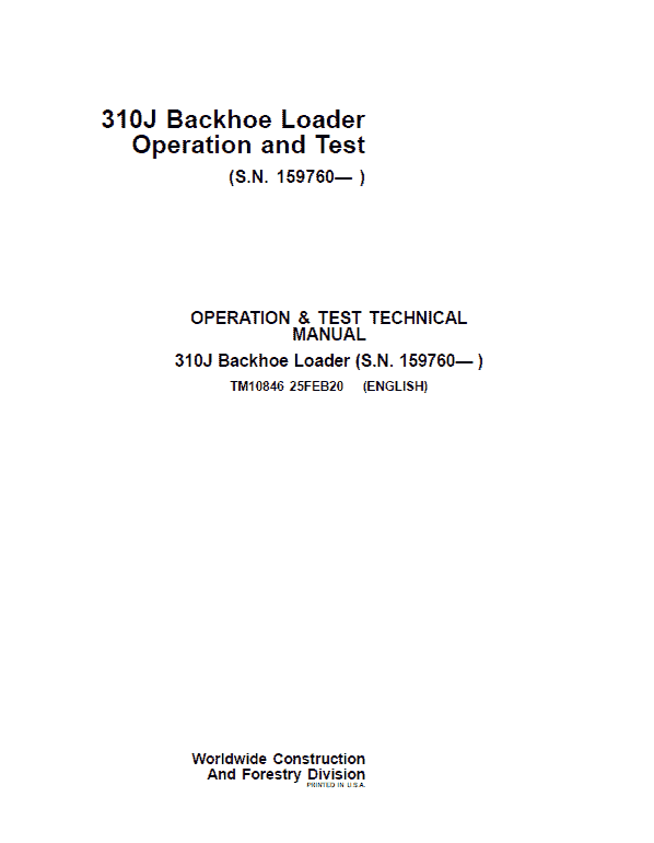 John Deere 310J Backhoe Loader Repair Technical Manual (S.N after 159760 – ) Workshop Guide