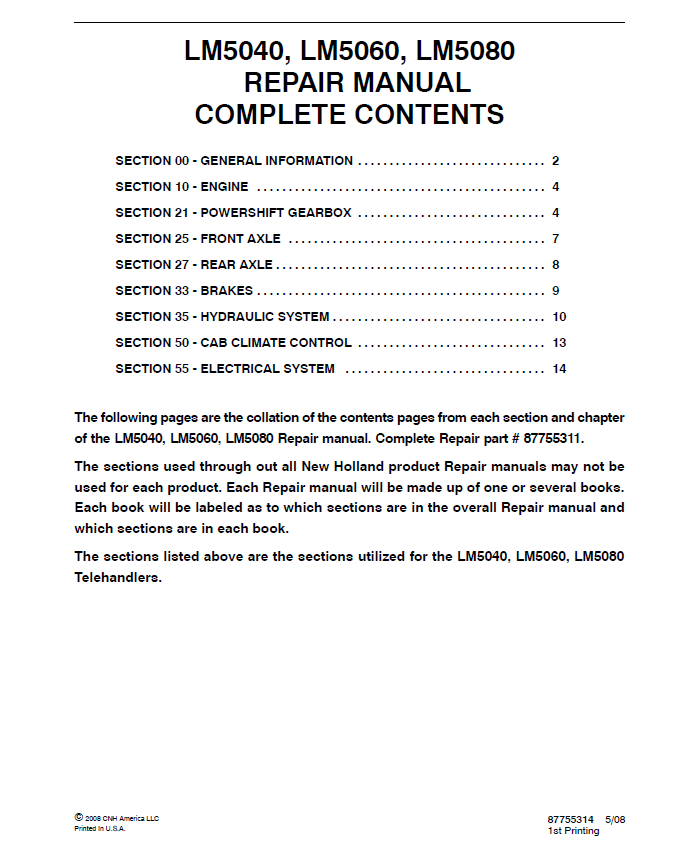 New Holland LM5040, LM5060, LM5080 Telehandlers Service Repair Manual Workshop Guide