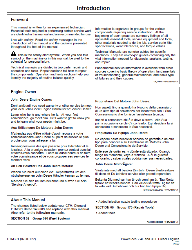 John Deere 2.4L & 3.0L Diesel Engines Repair Technical Manual (CTM301) Workshop Guide
