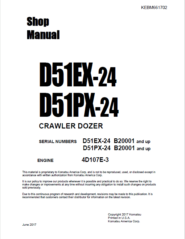 Komatsu D51EX-24, D51PX-24 Dozer Service Manual Workshop Guide