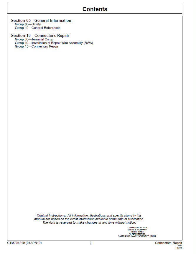 John Deere Connectors Repair Component Technical Manual (CTM704219) Workshop Guide