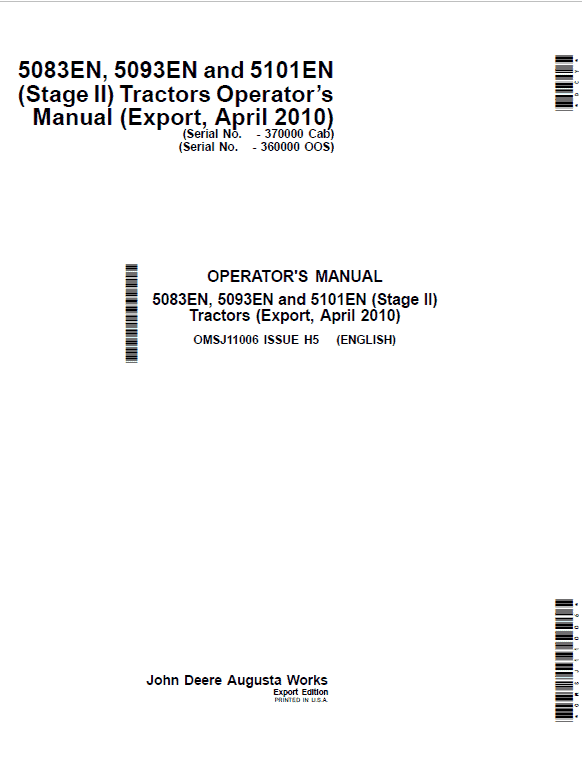 John Deere 5083EN, 5093EN, 5101EN (Tier 2 & 3 ) Repair Technical Manual Workshop Guide