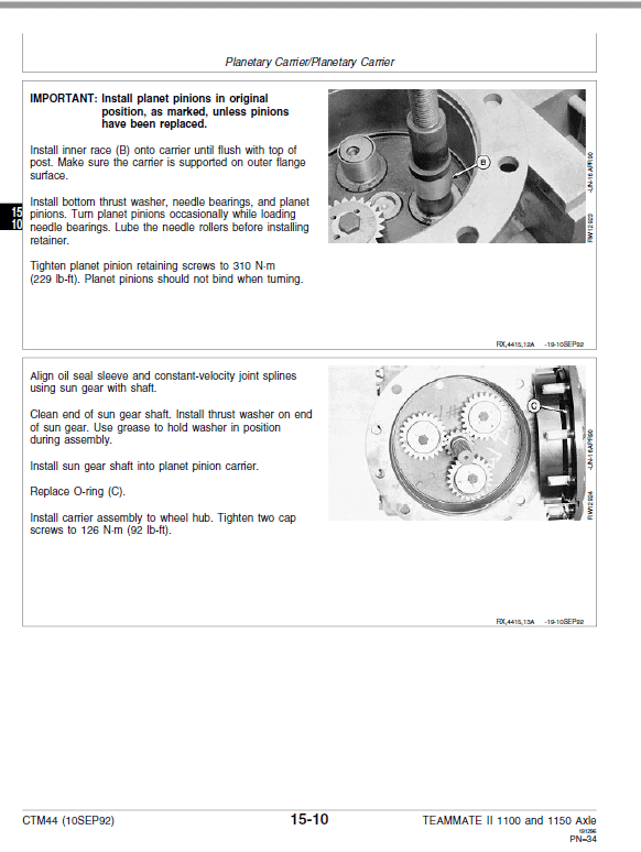 John Deere TeamMate II 2561R, 1100, 1150 Series Outboard Planetary Axles Manual (CTM44) Workshop Guide